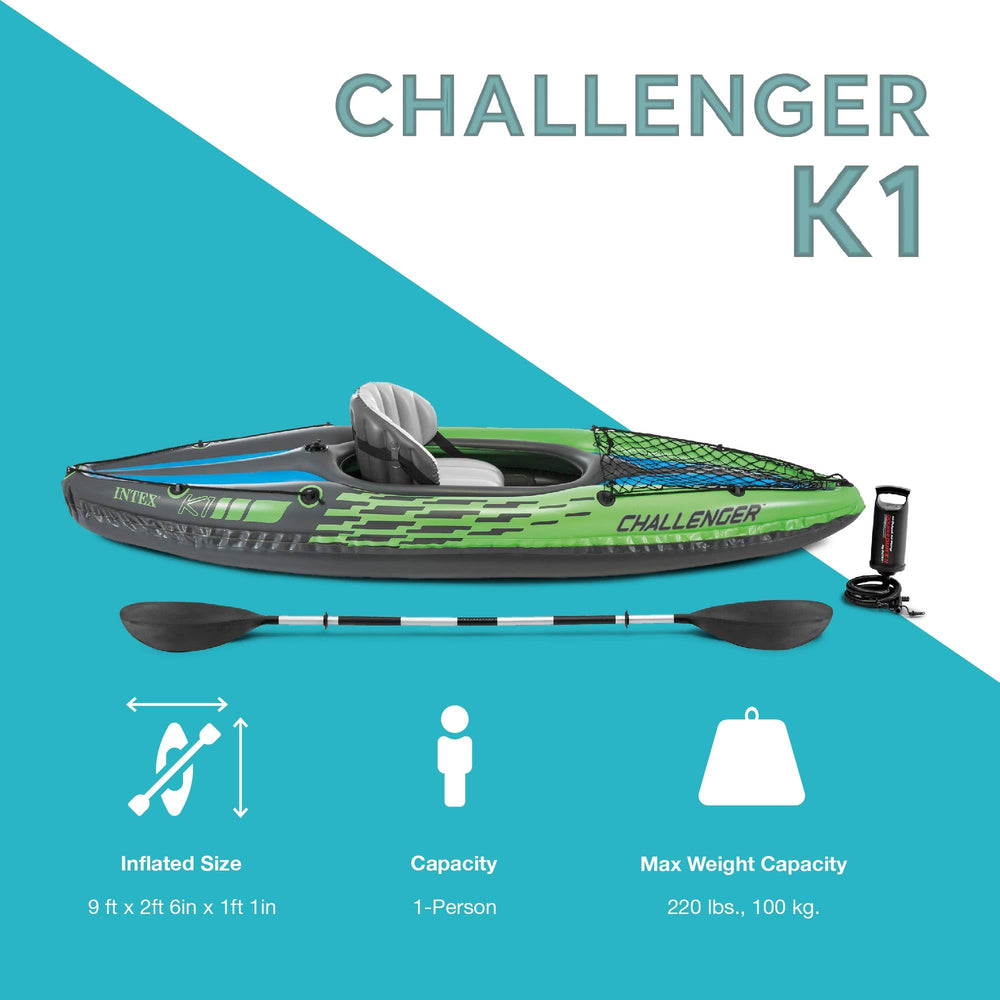 Intex Challenger K1 remo deluxe y bomba de alta salida listos para inflar