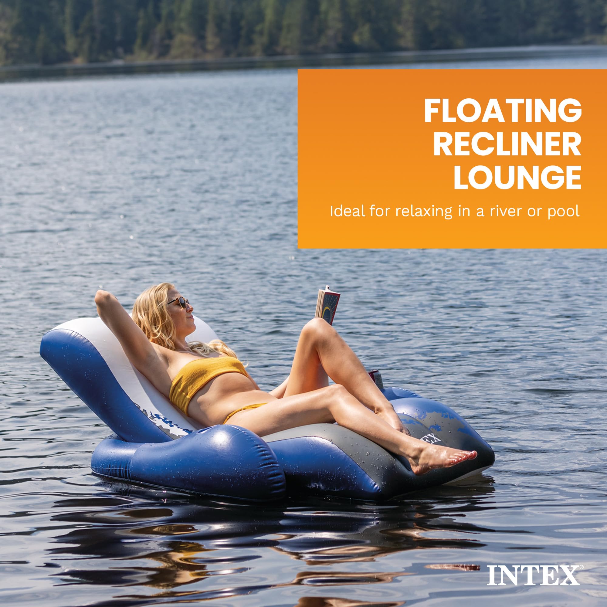 Intex lounge en uso con adulto relajado y estabilidad en agua