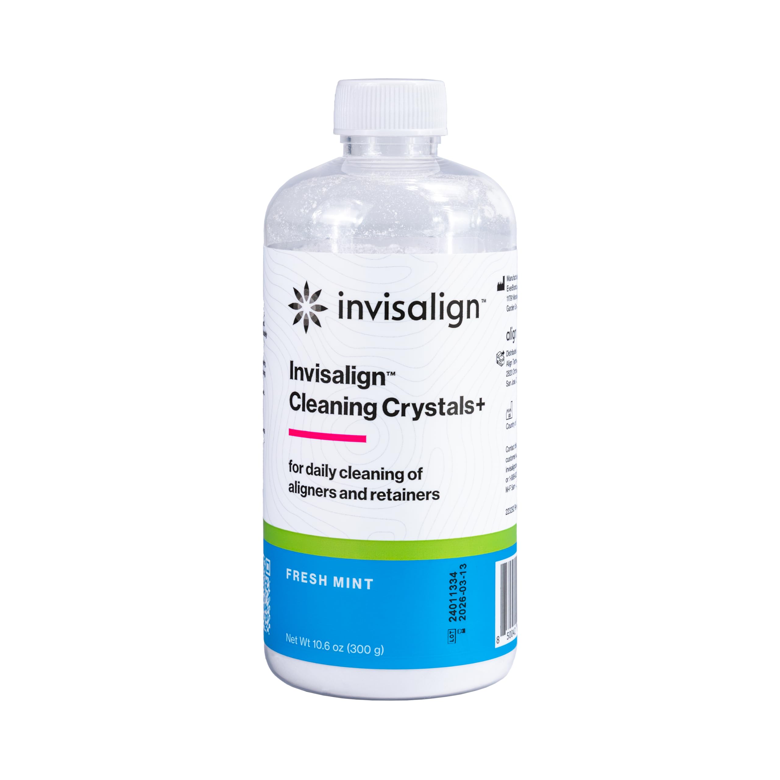 INVISALIGN envase frontal de Cleaning Crystals+ mostrando uso y beneficios