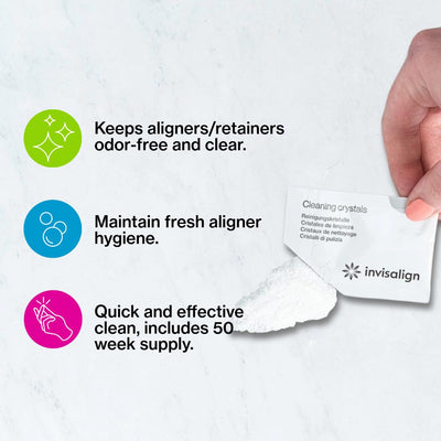 INVISALIGN sobre individual abierto mostrando polvo efervescente y conveniencia