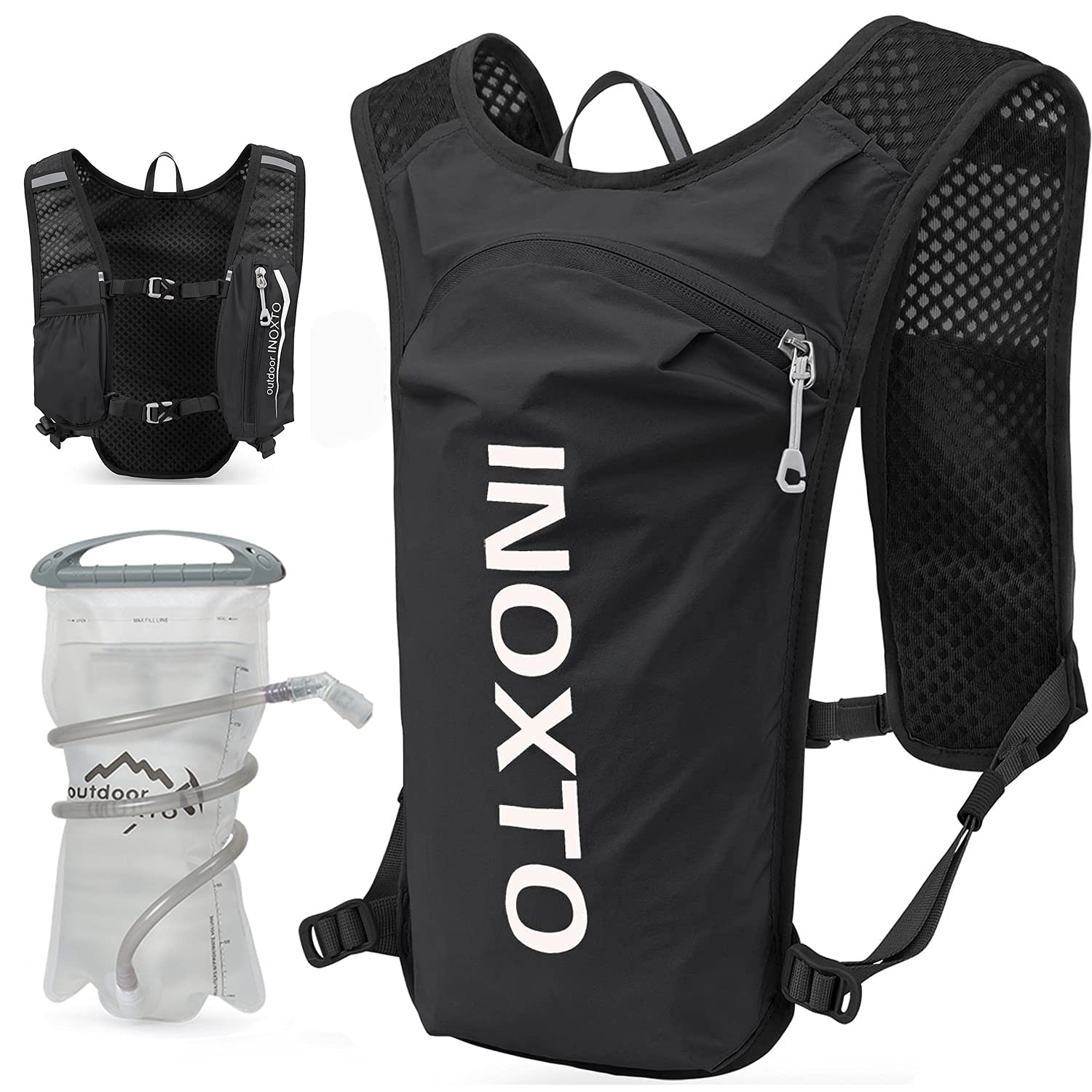 INOXTO vista frontal mochila hidratación negra con buen ajuste y acceso rápido