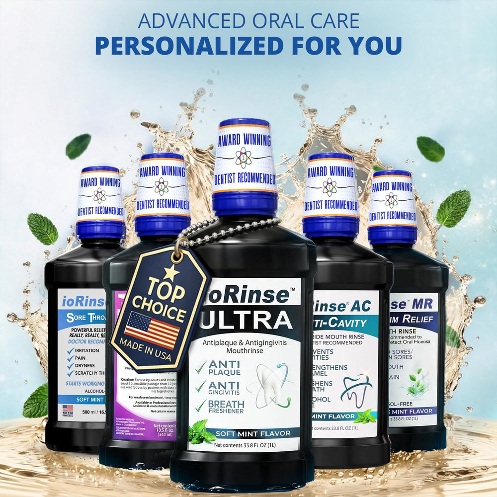 Iotech International ioRinse Ultra botella en consultorio dental, lista para uso profesional