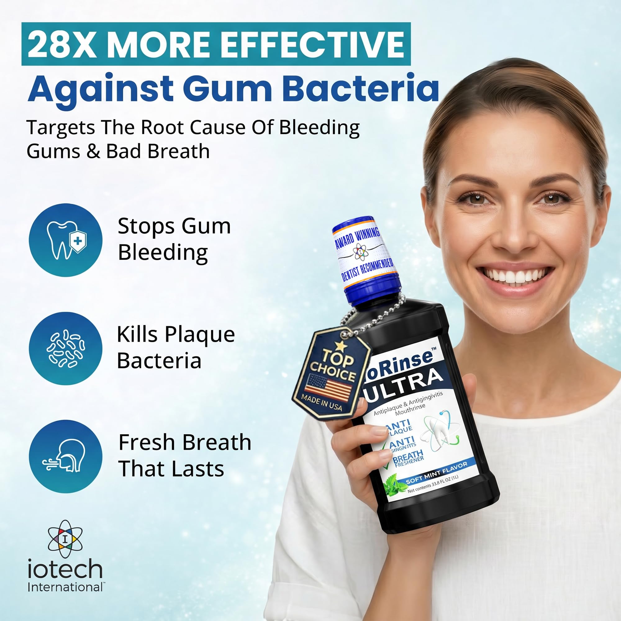 Iotech International ioRinse Ultra etiqueta detallada con ingredientes y ventaja natural