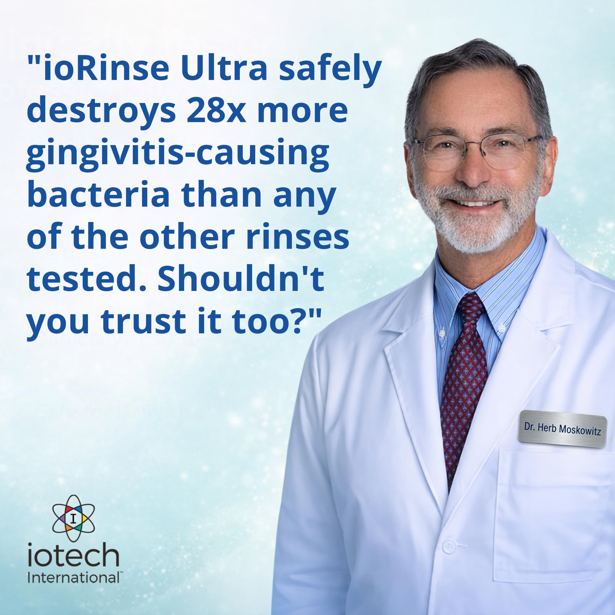 Iotech International ioRinse Ultra en estilo de vida, vaso con enjuague aportando frescor inmediato
