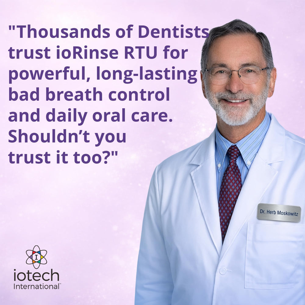 iotech ioRinse ingredient bottle highlighting natural, alcohol-free benefits