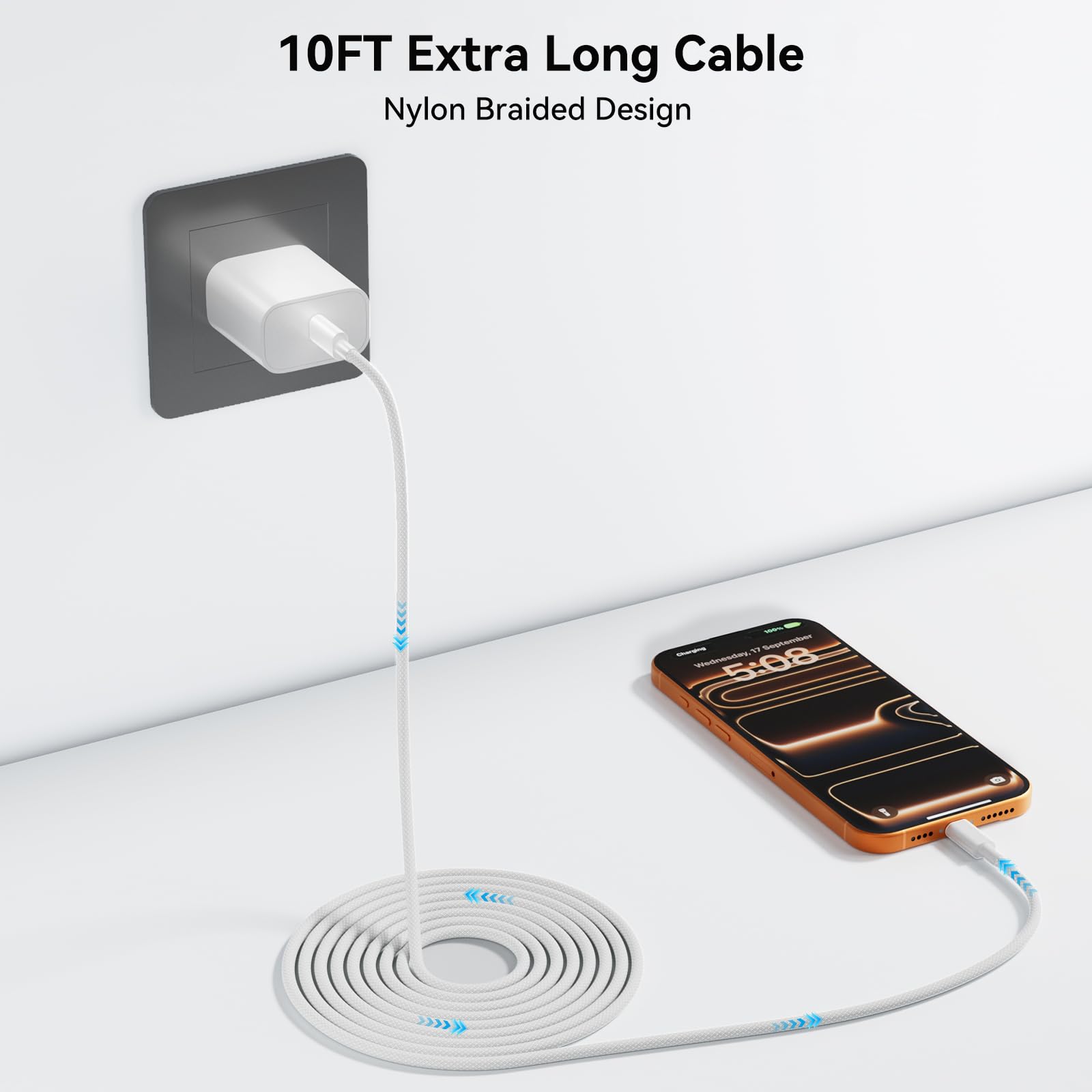 ipremium cable largo 10FT extendido en sofá para mayor comodidad
