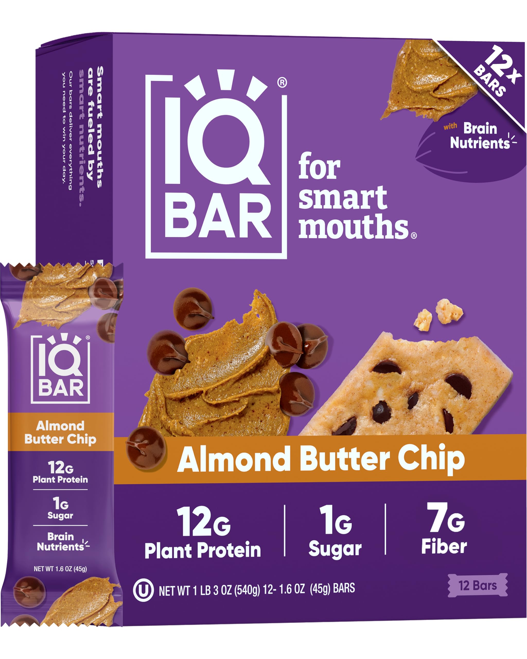 IQBAR frontal del paquete mostrando sabor Almond Butter Chip y conveniencia
