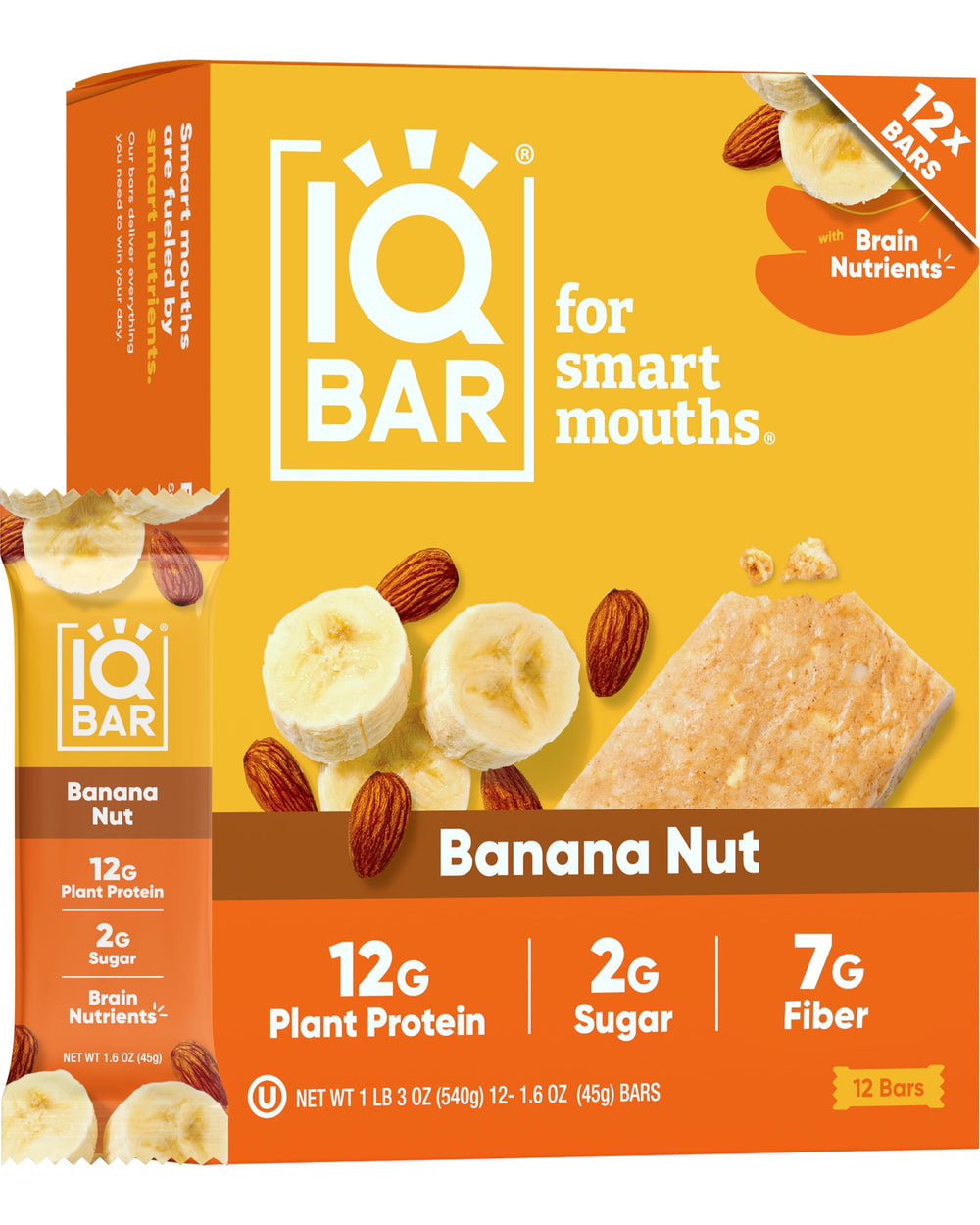 IQBAR Banana Nut frente del empaque mostrando la caja y beneficios