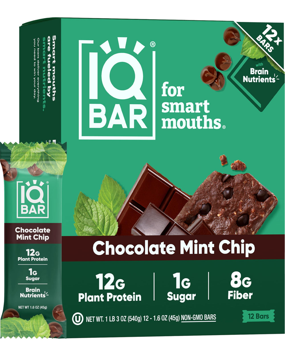 IQBAR frente del empaque mostrando sabor Chocolate Mint Chip y conveniencia