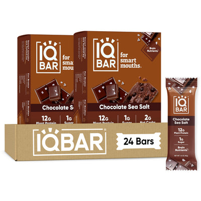 IQBAR Chocolate Sea Salt empaque frontal muestra bajo azúcar y sello Clean Label