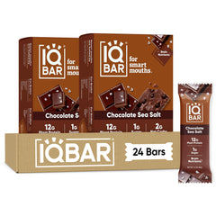 IQBAR Chocolate Sea Salt empaque frontal muestra bajo azúcar y sello Clean Label