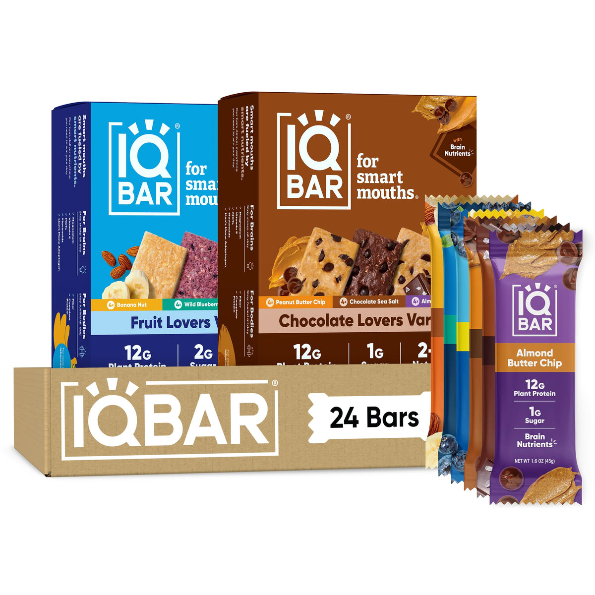 IQBAR front box showing fruit and chocolate variety and low sugar benefits