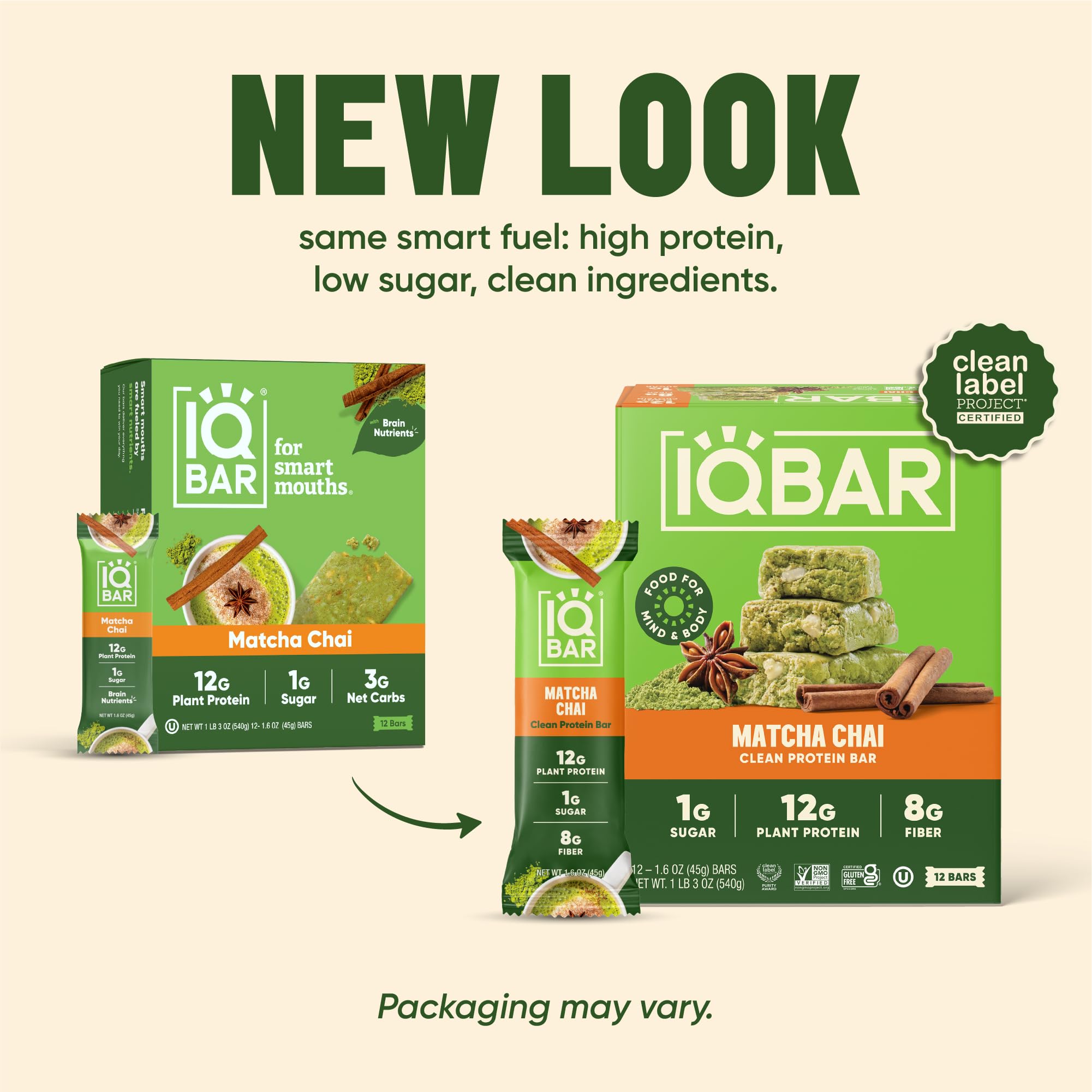 IQBAR Matcha Chai empaque abierto con barras listas para llevar