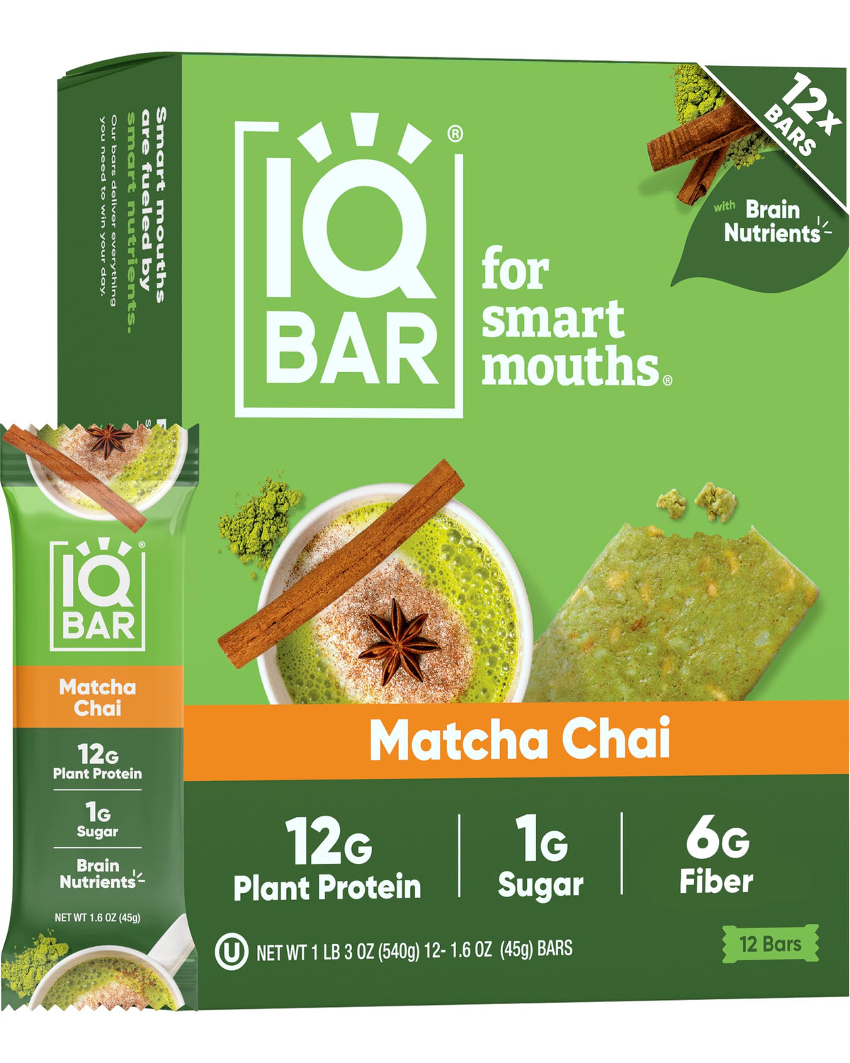 IQBAR Matcha Chai frontal mostrando la caja y beneficio conveniencia