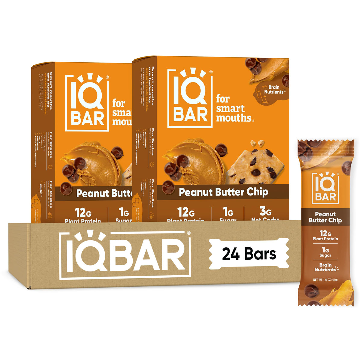 IQBAR paquete frontal Peanut Butter Chip mostrando conveniencia y sabor