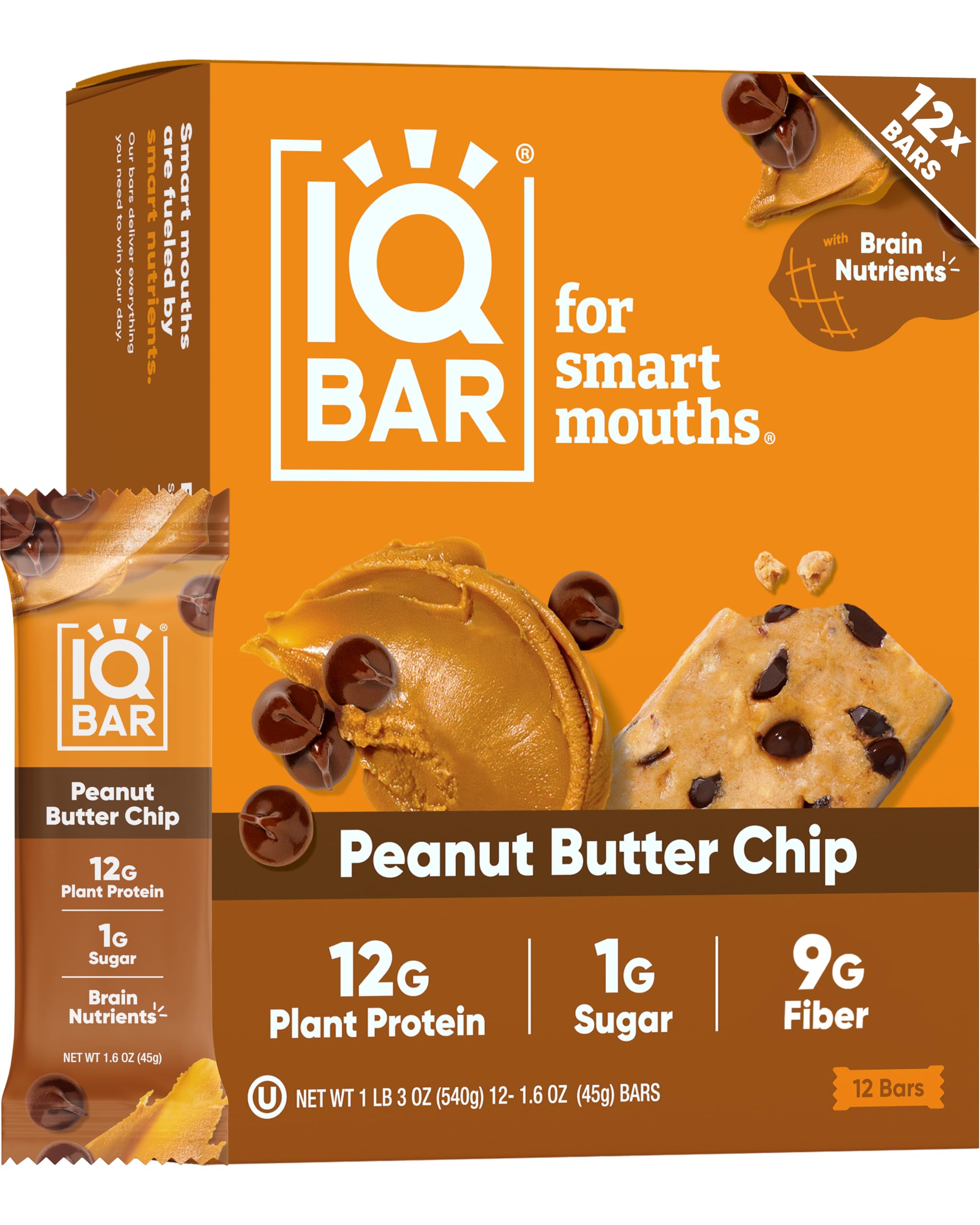 IQBAR empaque frontal Peanut Butter Chip mostrando información nutricional y beneficios