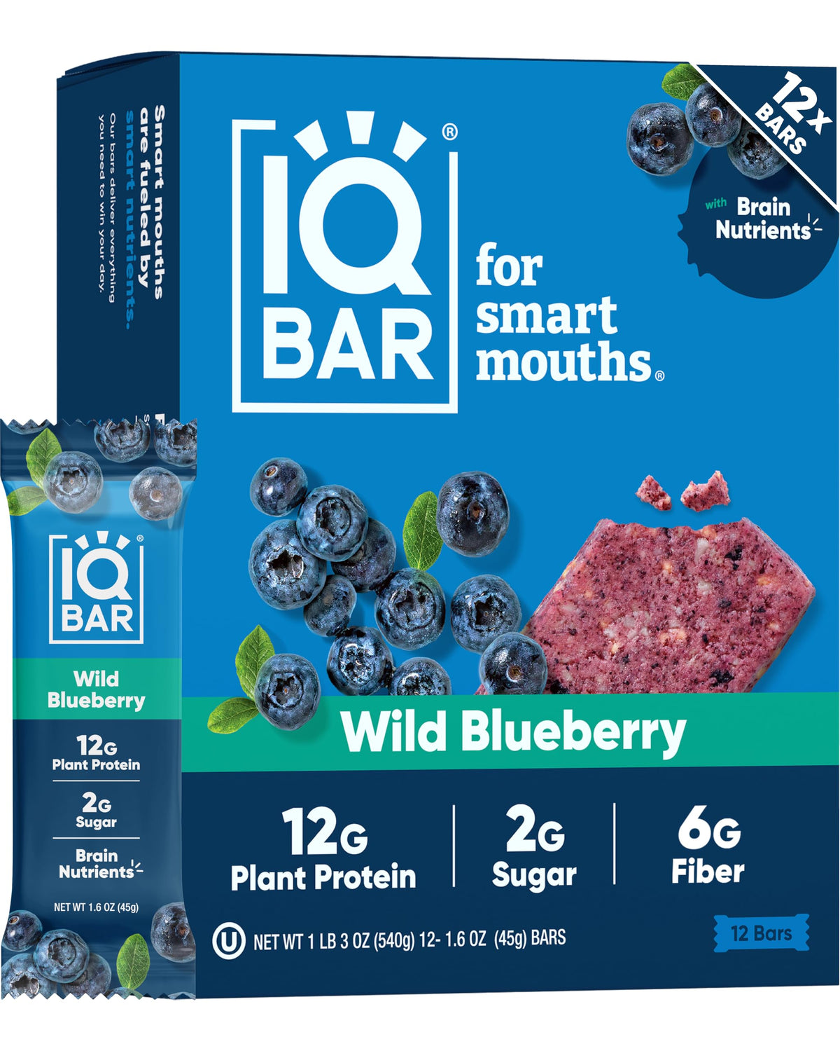 IQBAR paquete frontal Wild Blueberry mostrando sabor y certificación