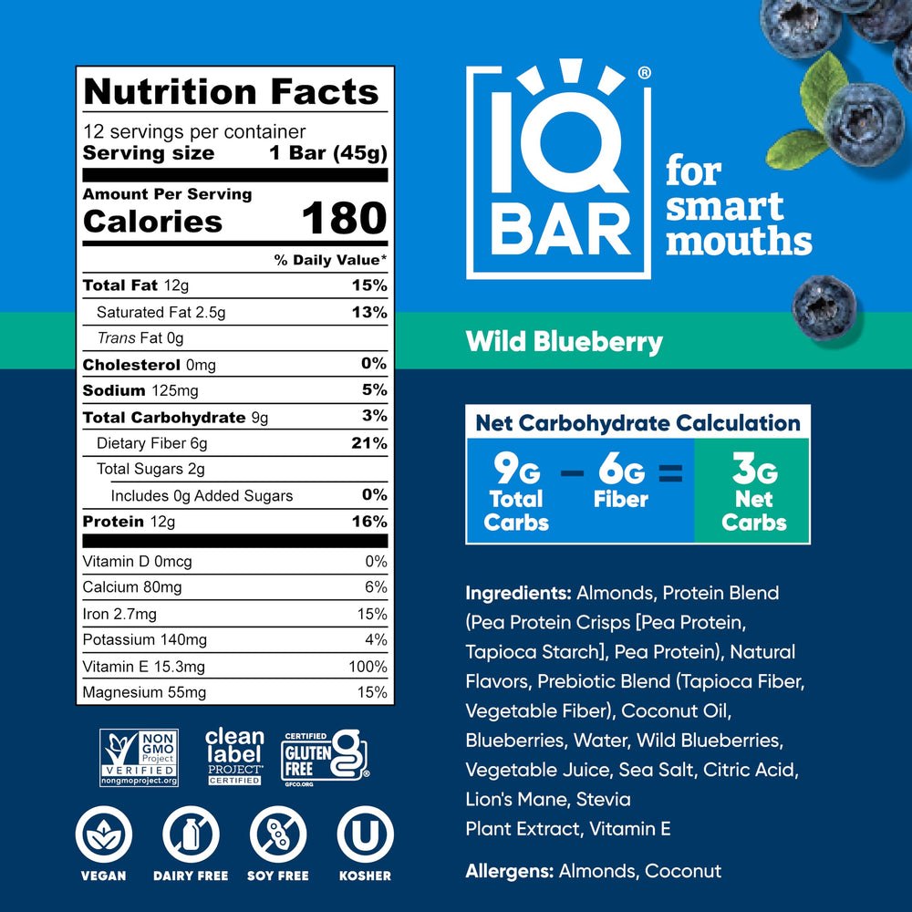 IQBAR caja de 12 unidades Wild Blueberry lista para almacenamiento