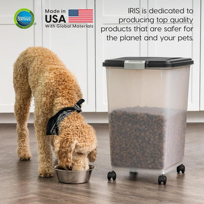 IRIS USA filled with dog food, organized bulk storage solution
