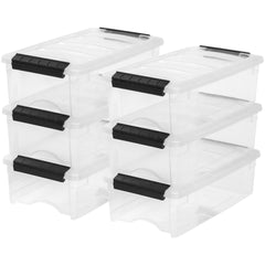 IRIS USA front view of six clear storage bins showing stackable lids and compact profile