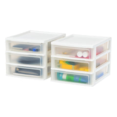 IRIS USA front view of two white 3-drawer organizers showing neat storage benefit