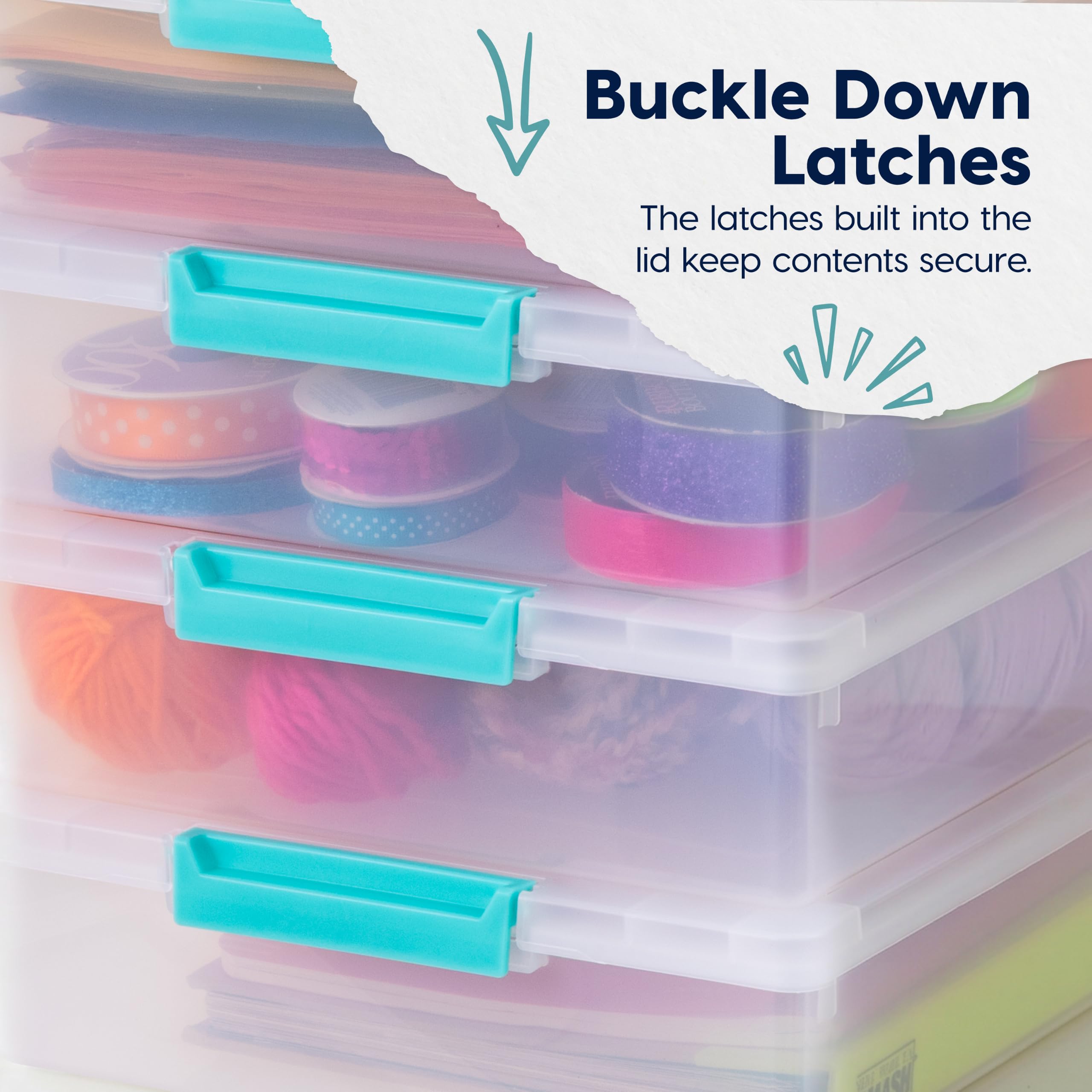 IRIS USA bins in a craft room displaying tidy visible storage solution