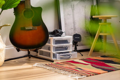 IRIS USA organizer on a dorm desk storing school supplies for tidy setup