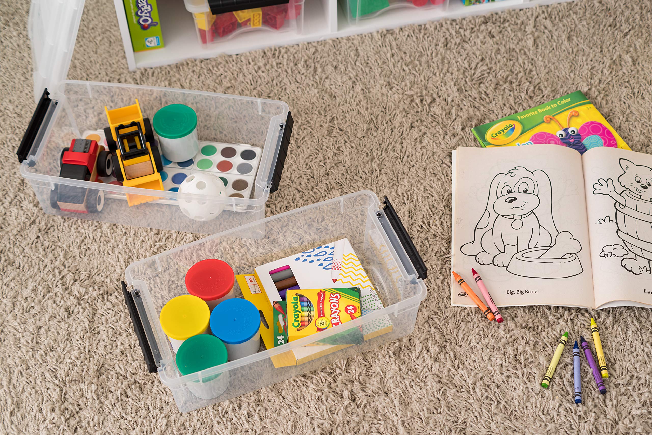 IRIS USA bins in a shelf organizing crafts and snacks for quick access
