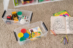 IRIS USA bins in a shelf organizing crafts and snacks for quick access