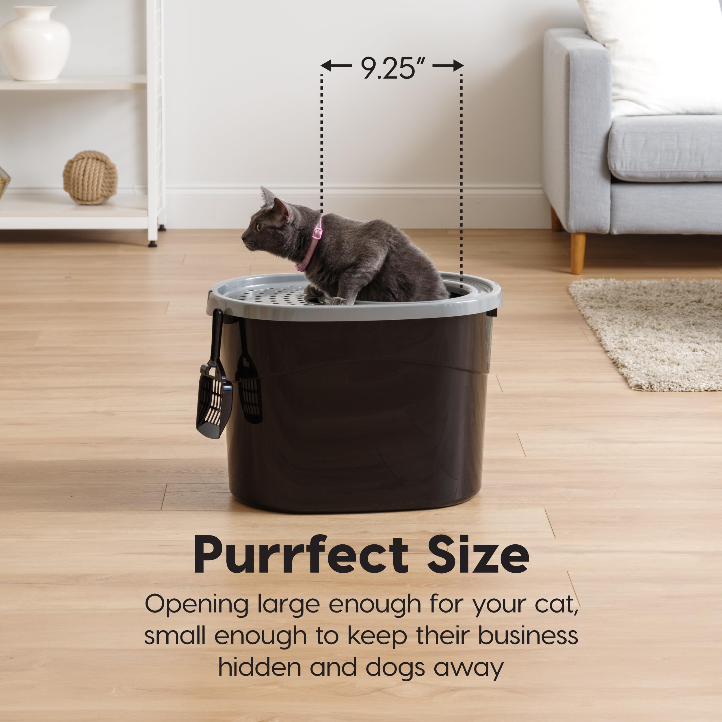 IRIS USA perforated lid close-up catching tracked litter and keeping floors cleaner