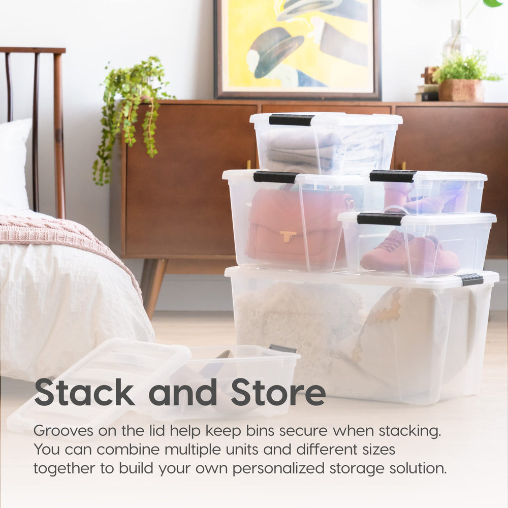 IRIS USA bins arranged in closet showing tidy organization benefit