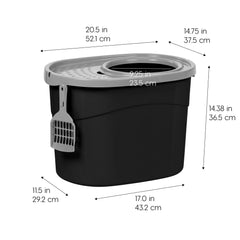 IRIS USA top-entry lid detail highlighting easy cat access and spill reduction benefit