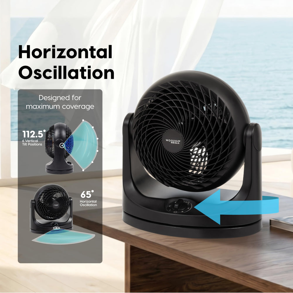 IRIS USA ventilador sobre escritorio proporcionando aire fresco en el espacio de trabajo