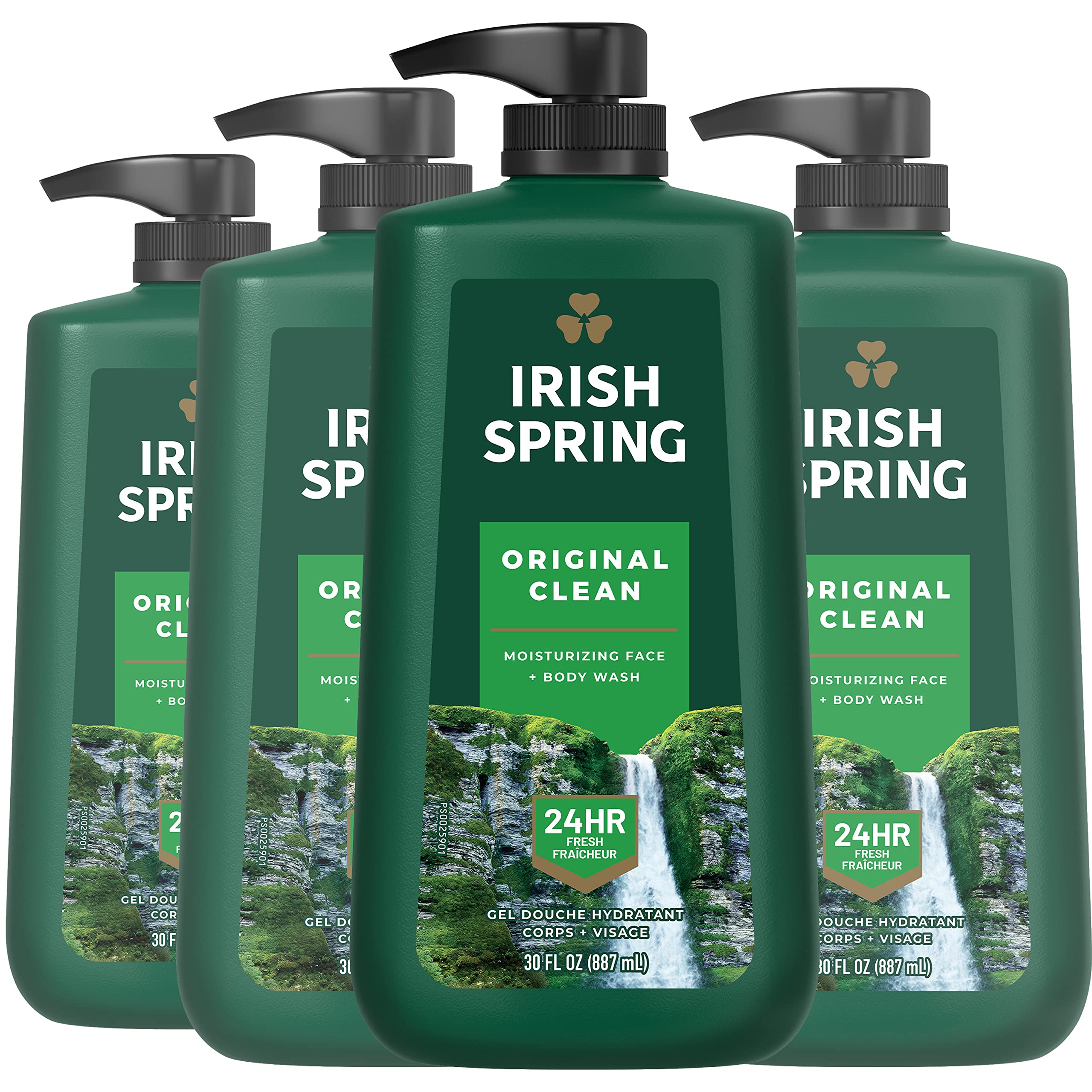 Irish Spring frente del envase con bomba, presentación clara y práctica