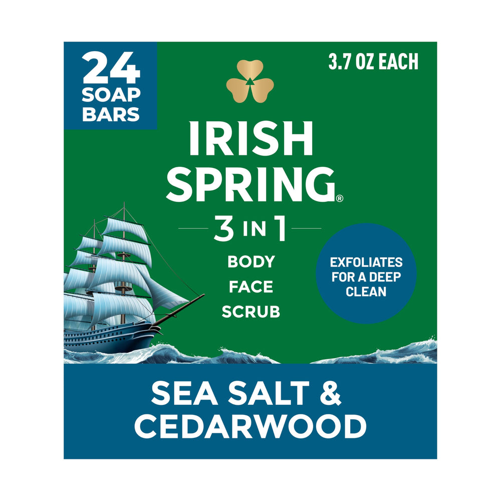 Irish Spring frontal del paquete mostrando 24 barras, beneficio ahorro y reserva