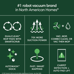 iRobot AutoWash Dock open with robot returning, ensures low maintenance