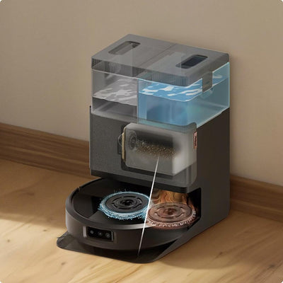iRobot Roomba Plus 505 AutoWash Dock with robot returning for pad rinse