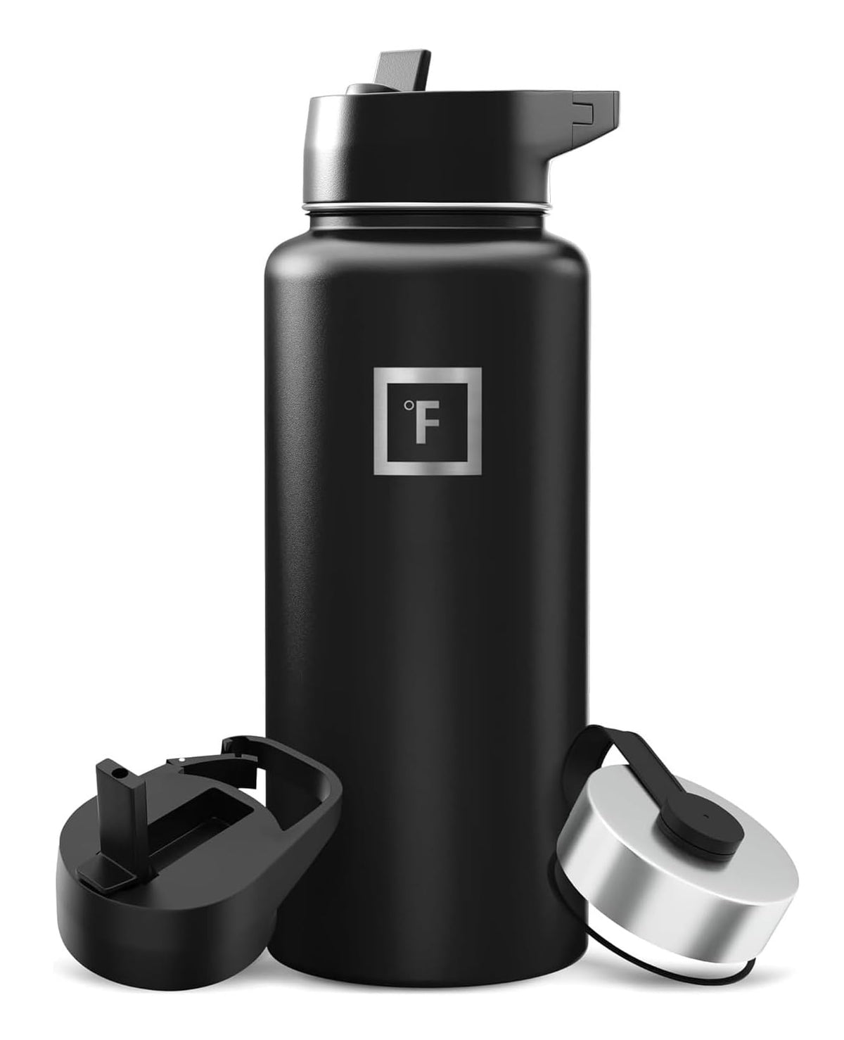 IRON °FLASK vista frontal con las tres tapas, práctico para transportar