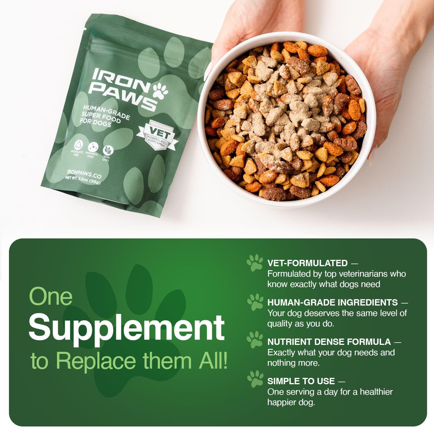 Iron Paws comparación de tamaño 3.5 oz para visualizar cantidad y duración