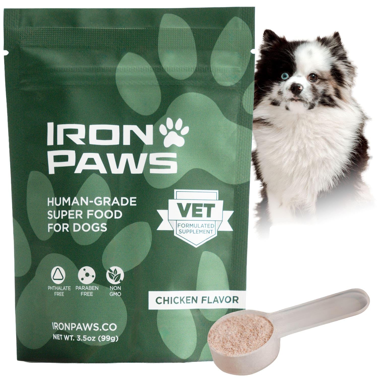 Iron Paws frente del empaque mostrando el diseño y beneficios visibles