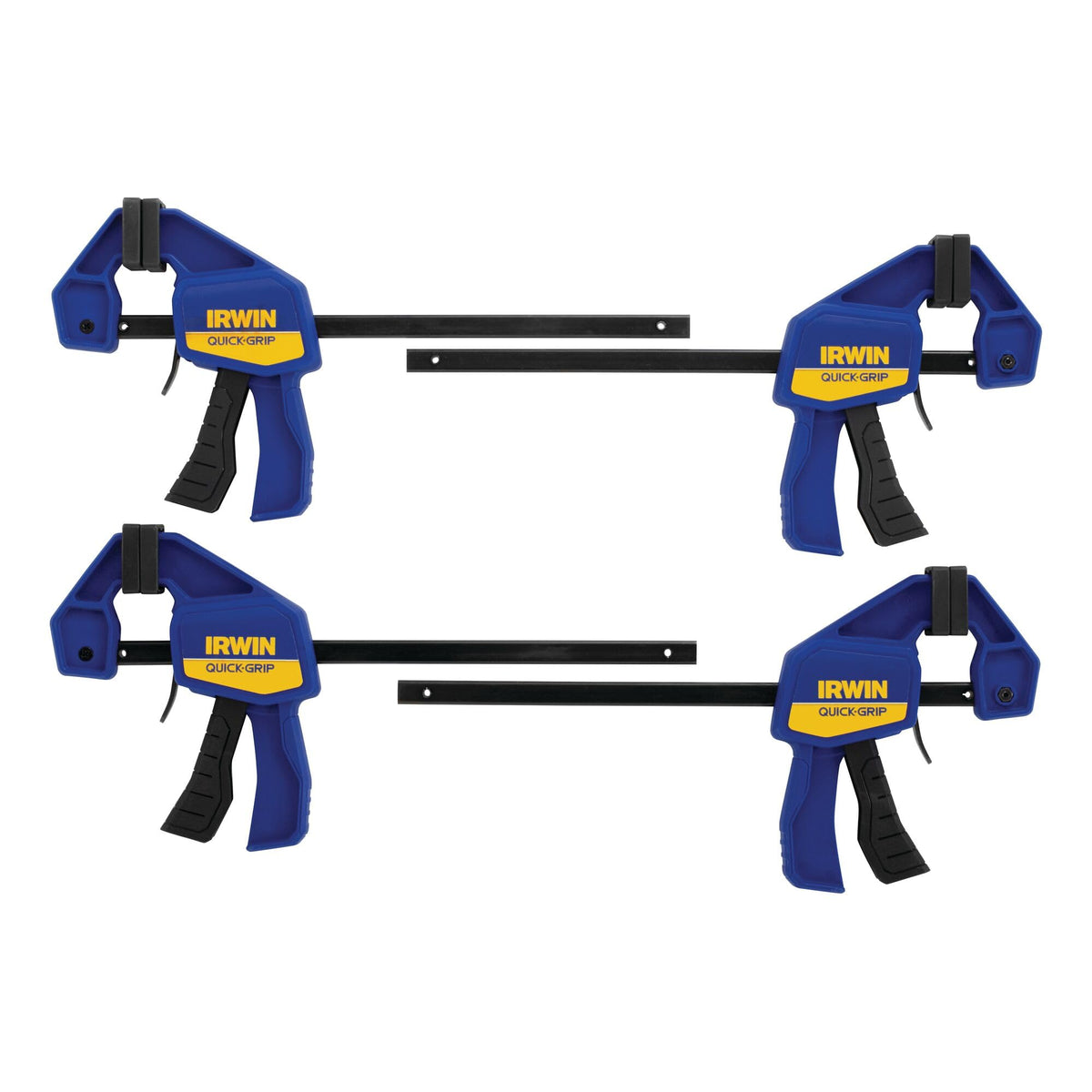 IRWIN Quick-Grip vista frontal del paquete de cuatro mostrando abrazaderas y color azul, utilidad inmediata