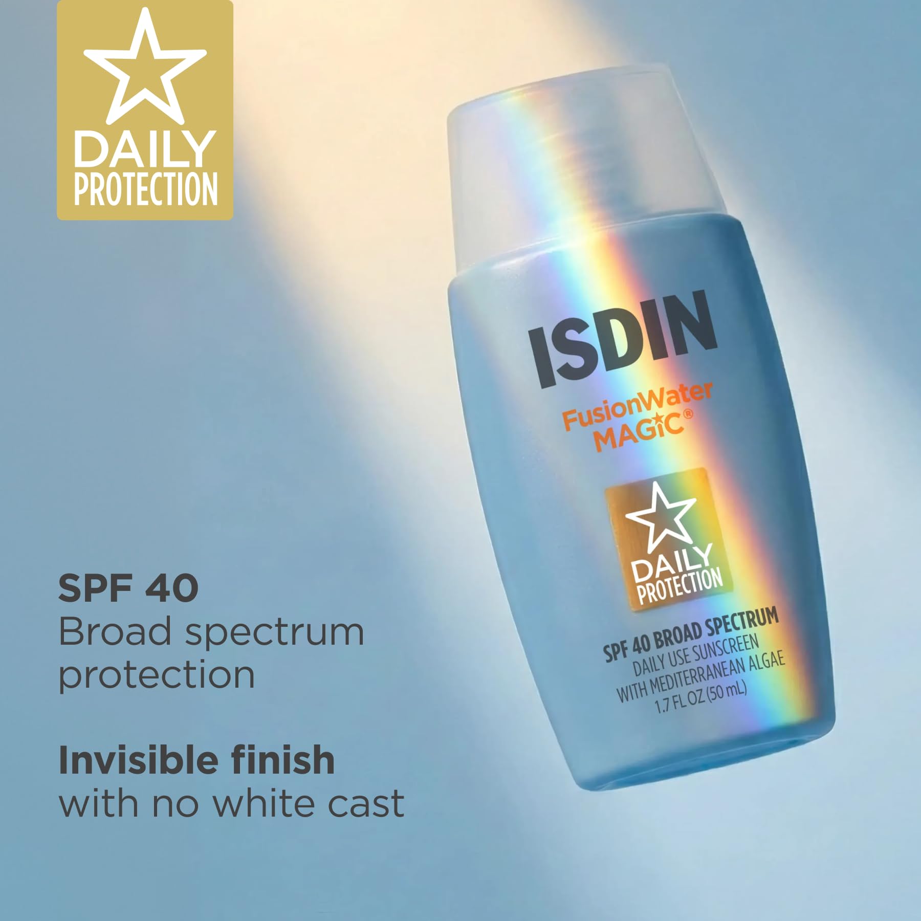 ISDIN envase 50 ml junto a regla para comparar tamaño