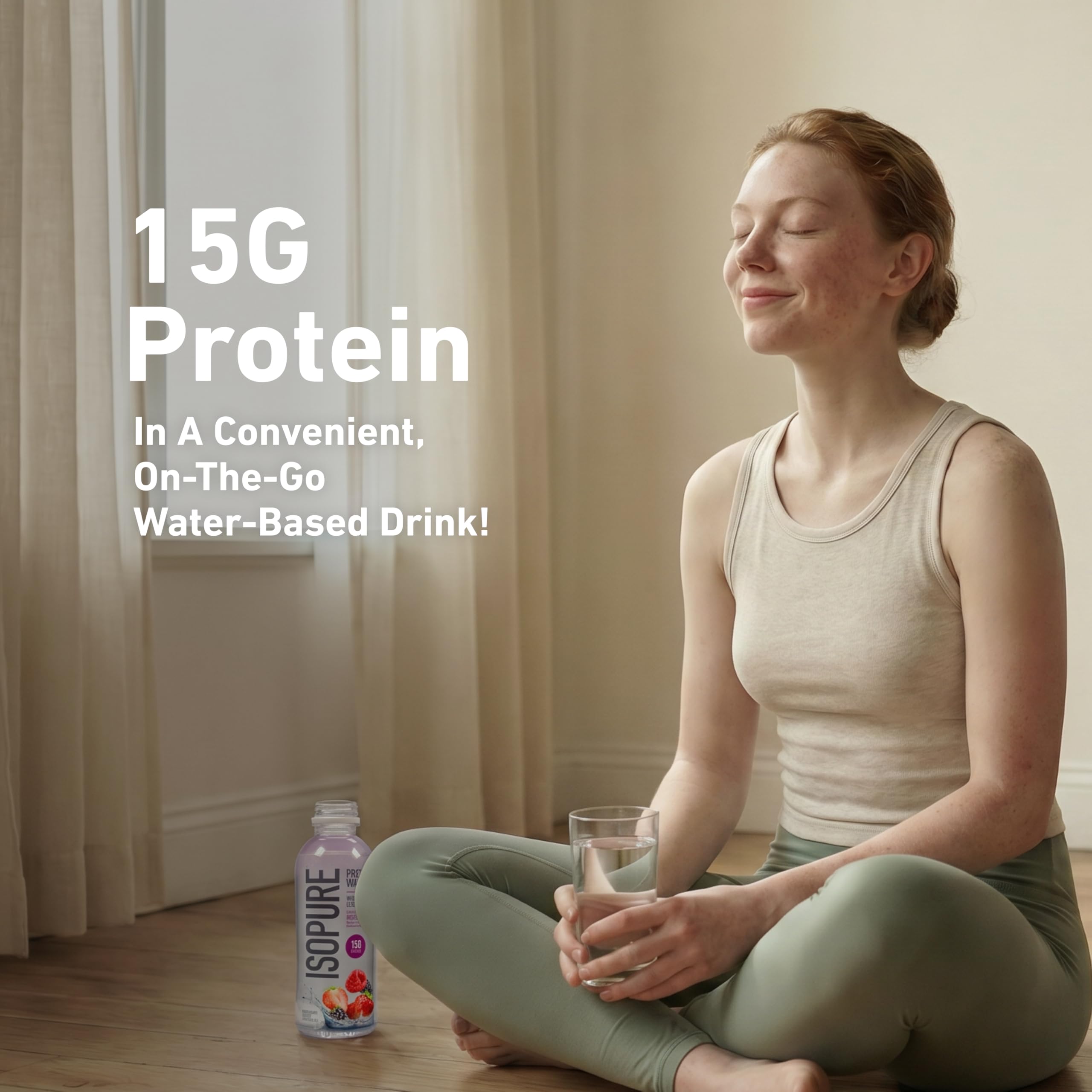 Isopure bottle closeup label highlighting 15g whey protein isolate and zero sugar for clarity