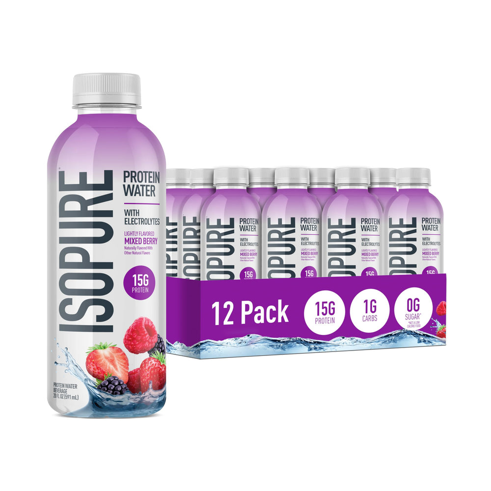 Isopure clear protein water front packaging showing mixed berry bottle and branding for portable protein