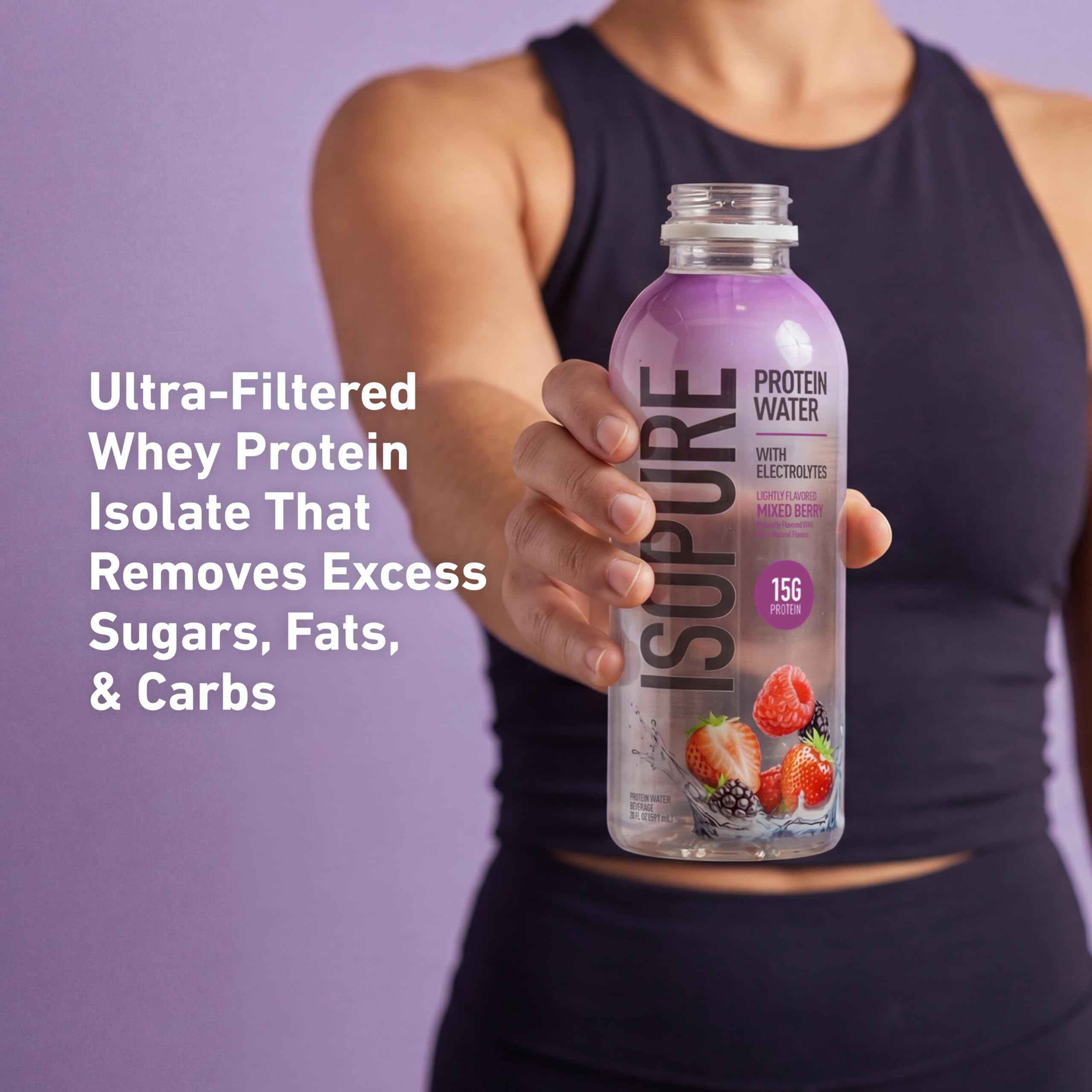 Isopure pouring into glass demonstrating clear, refreshing water-forward texture for hydration