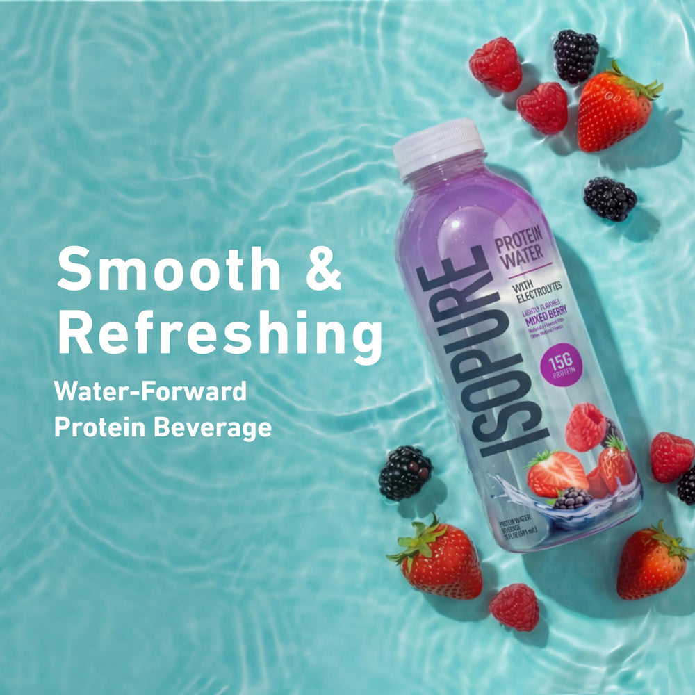 Close-up of clear protein water texture emphasizing smooth, non-chalky mouthfeel benefit