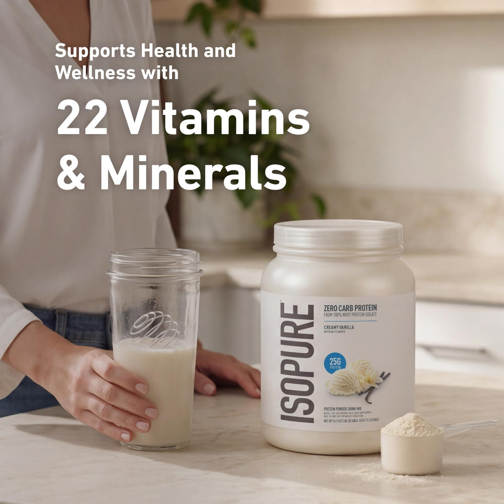 Blender with Isopure powder and fruit making a protein smoothie