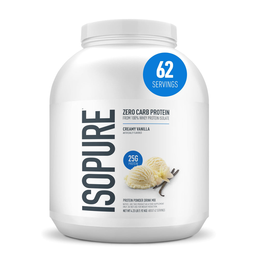 Isopure tub front packaging showing product and benefits
