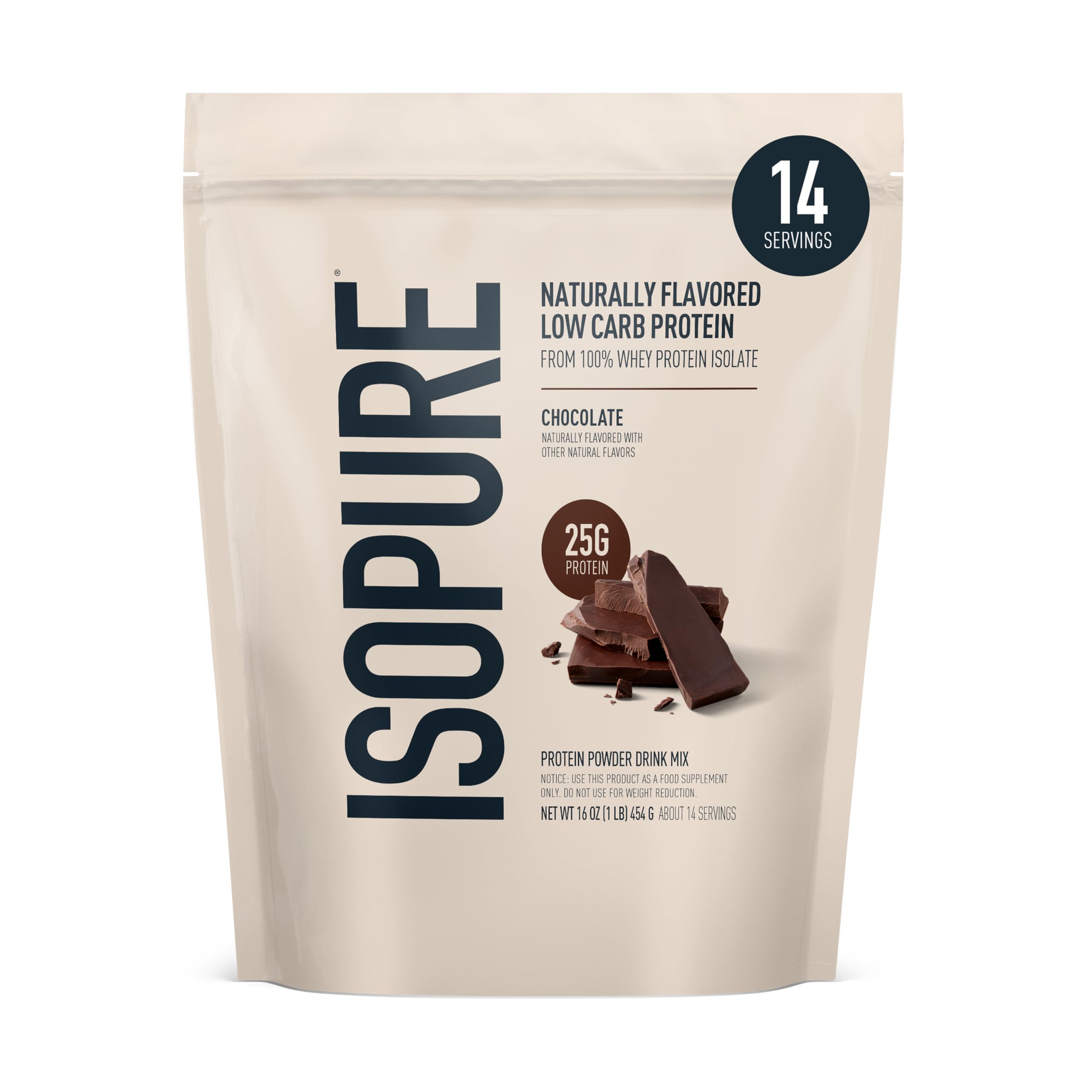 Isopure front packaging showing dark chocolate flavor and benefits