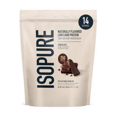 Isopure front packaging showing dark chocolate flavor and benefits